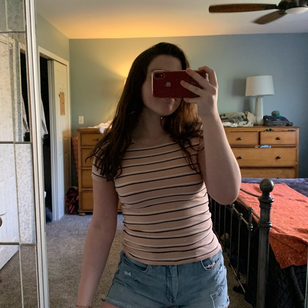 Pink tee with white and black stripes